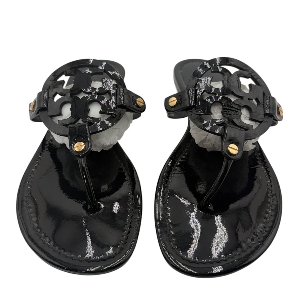 Tory Burch Miller Patent Leather Sandals Womens 10 Black Thong Logo - Picture 2 of 10